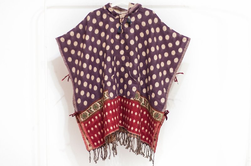 インドの民族タッセルのマント/ボヘミアンのマントのショール/ウールのフード付きのマント - 紫色の小さな - マフラー・ストール - ウール 多色