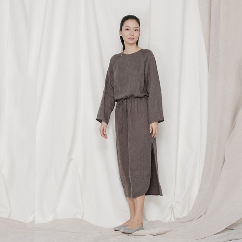 BUFU Chinese style loose dress / brown  D171104 - กี่เพ้า - ผ้าฝ้าย/ผ้าลินิน สีนำ้ตาล