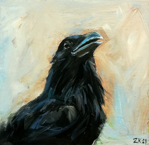 原画 アート 絵画 画家 クレパス画 鳥 カラス 動物 ファンタジー
