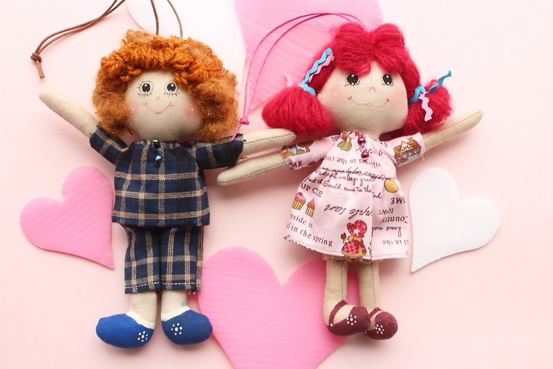 情人節禮物手工手作手縫情侶娃娃吊飾掛飾(B款)-一對 - 玩偶/公仔 - 棉．麻 