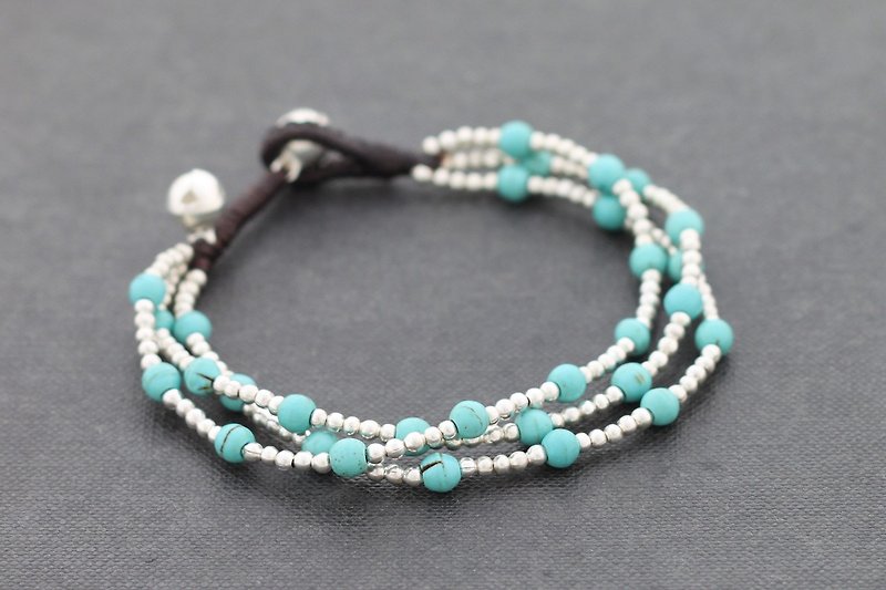 Turquoise Round Silver 3 Strand Bracelet - สร้อยข้อมือ - โลหะ สีเขียว