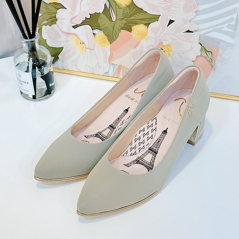 【Tsovinar】lambskin matte block heels-grey - รองเท้าส้นสูง - หนังแท้ 