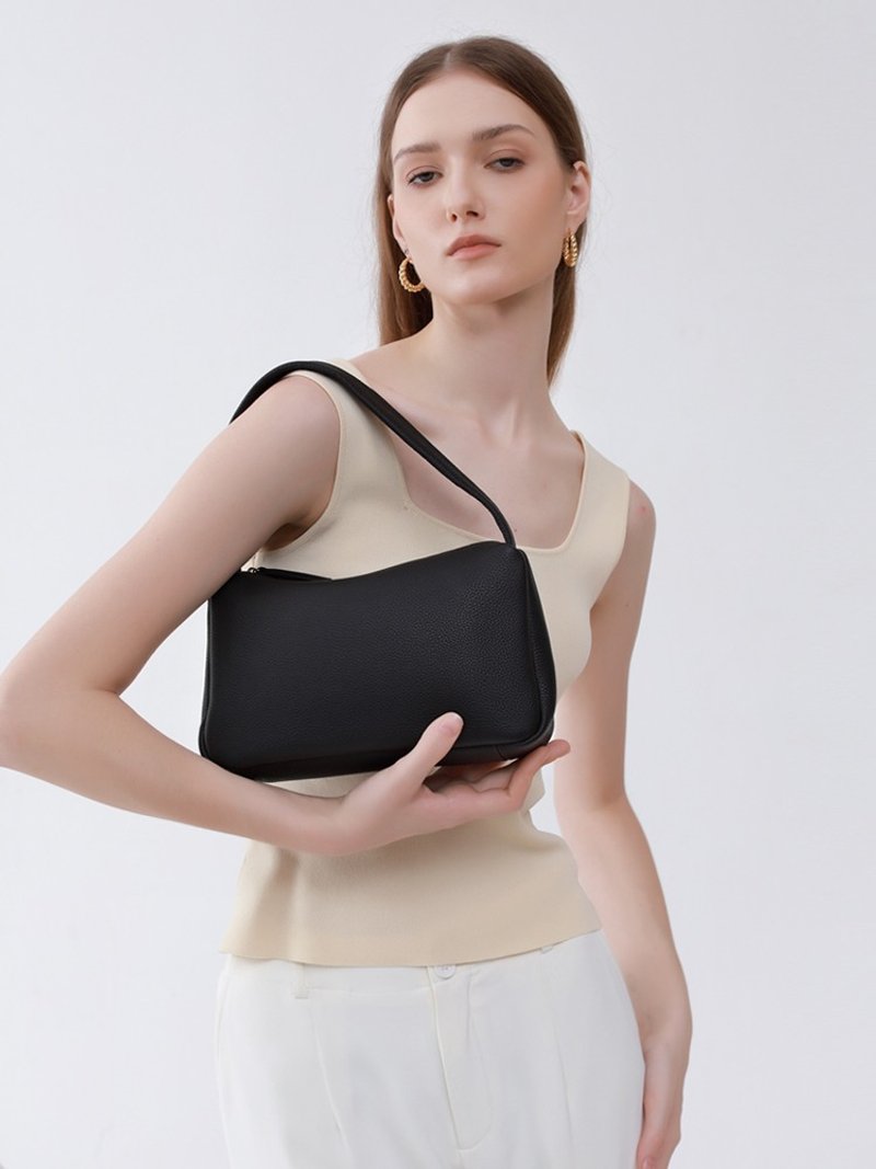 Soft Leather Women's Underarm Bag, Genuine Leather Shoulder Bag Handbag - กระเป๋าถือ - หนังแท้ สีดำ