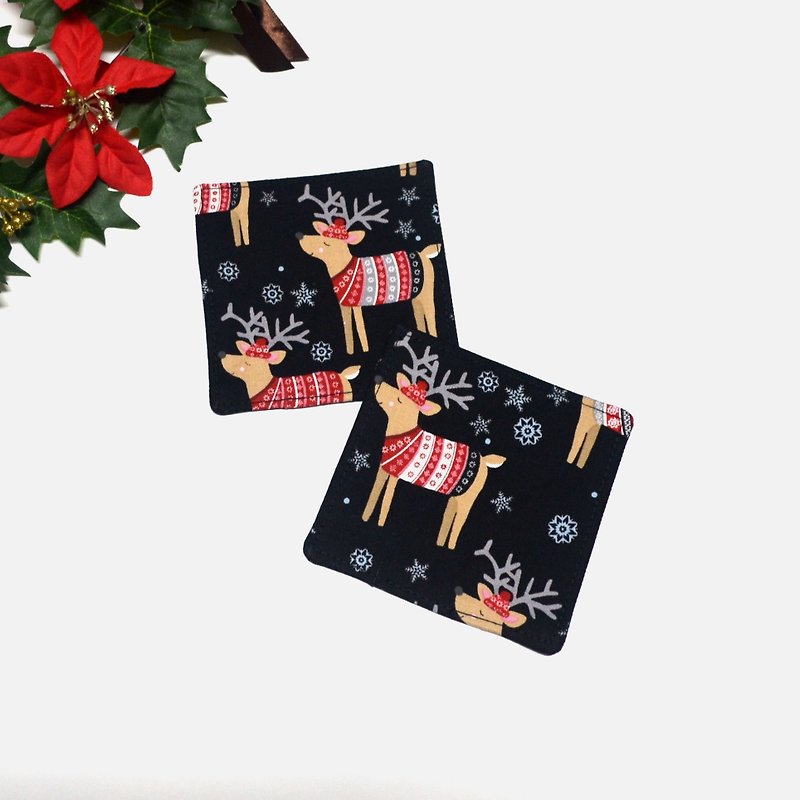 Delightful reindeer sweaters coaster set of 2 - ที่รองแก้ว - ผ้าฝ้าย/ผ้าลินิน สีดำ