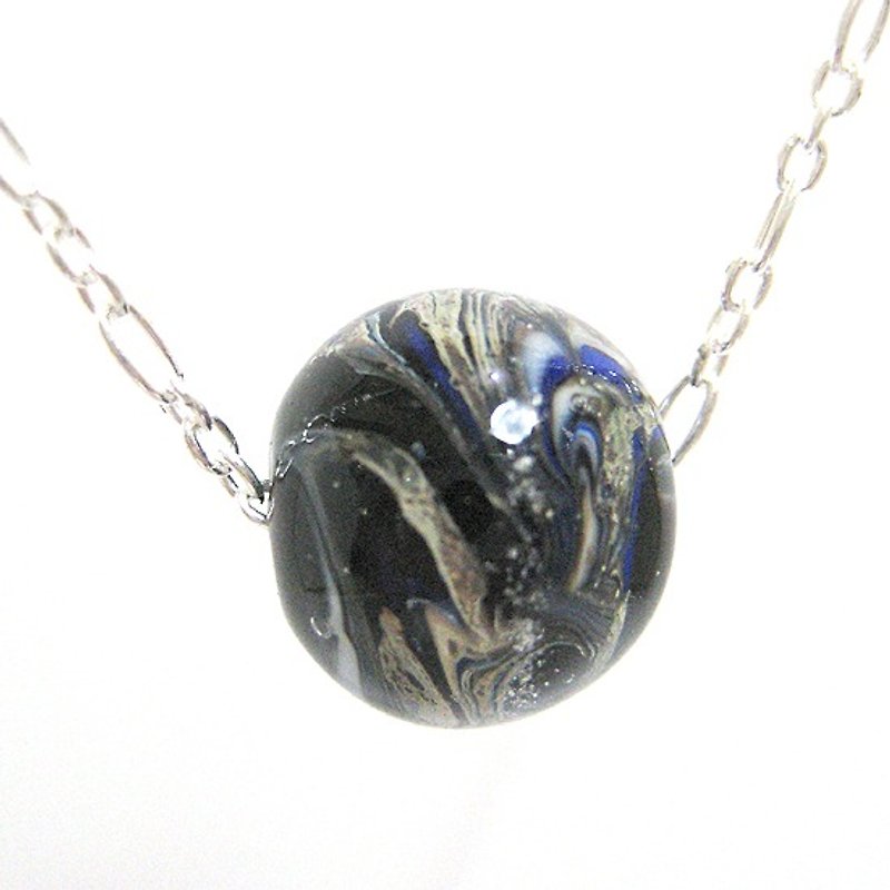 Black dark blue ivory white + silver foil starry sky glass necklace (925 sterling silver chain) - สร้อยคอ - แก้ว สีดำ