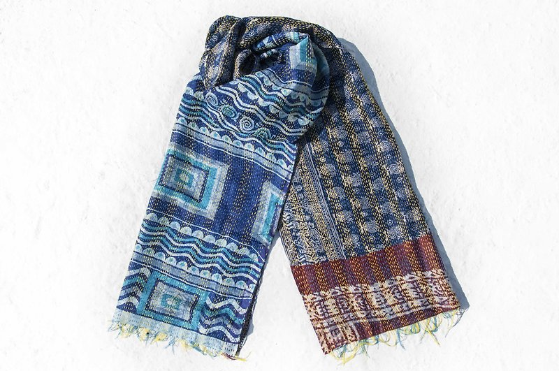 Hand-stitched sari scarf/silk embroidered scarf/Indian silk embroidered scarves - swim to the blue ocean - ผ้าพันคอ - ผ้าไหม สีน้ำเงิน