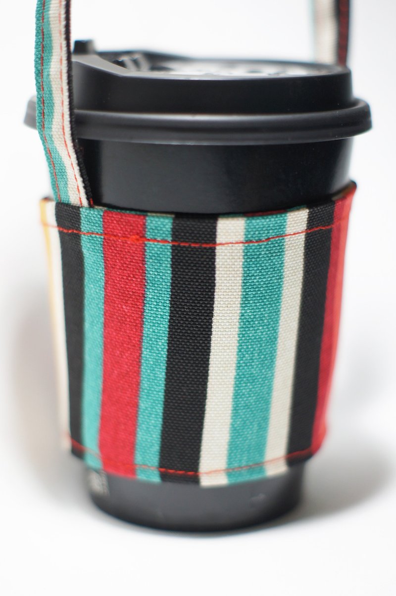 【AnnaNina】環保 杯套 杯袋 提袋 飲料 可收納 紅藍綠條紋 - 杯袋/飲料提袋 - 棉．麻 