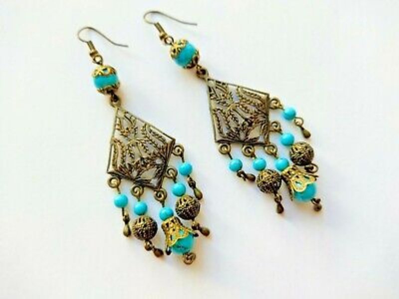 Turquoise Bohemian Chandelier Earrings Dangle Beaded Earrings Blue Statement - 耳環/耳夾/耳骨夾 - 其他材質 藍色