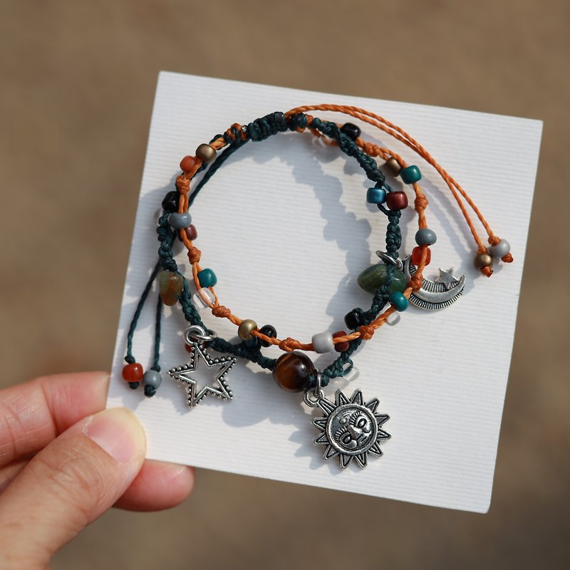 Sun Moon Star tiger eye natural stone woven waxed cord double layered bracelet - 手鍊/手鐲 - 繡線 多色