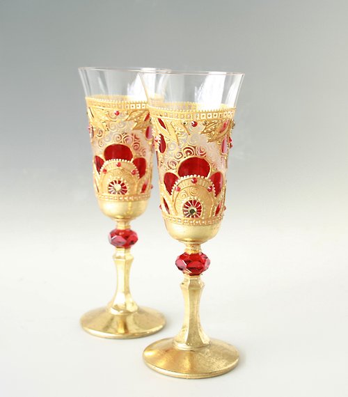 NeA Glass Royal Red Gold Wedding Crystal Glasses Wine Champagne, Hand Painted set of 2