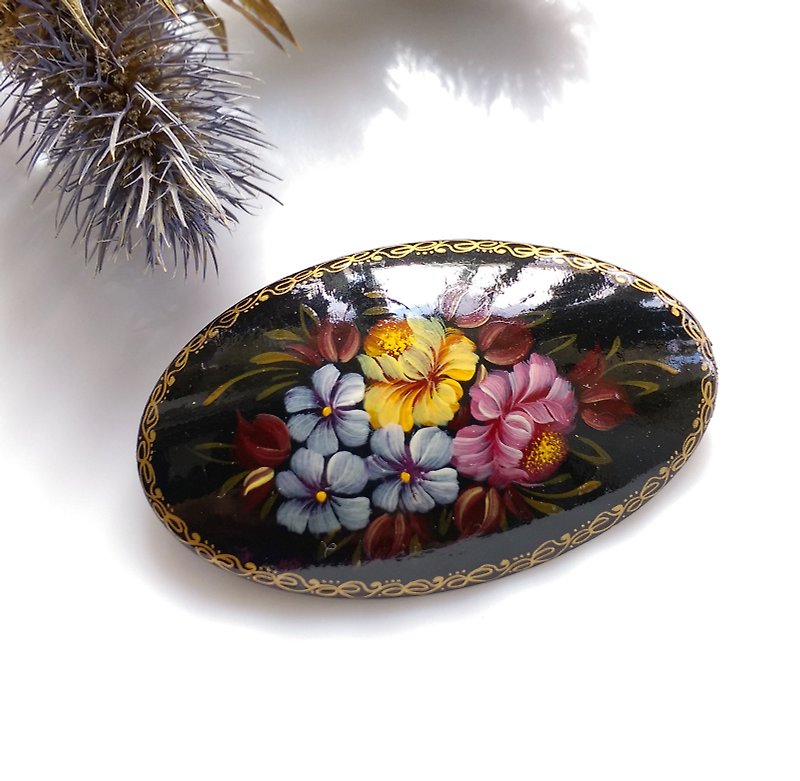 Western antique jewelry. Russian hand painted bunch of flower pins - เข็มกลัด/พิน - โลหะ สีทอง