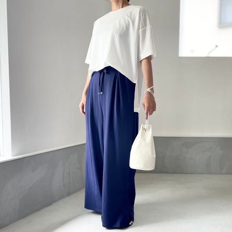 [New for 2024] Cool to the touch side slit easy wide pants available in two colors [Blue] - กางเกงขายาว - ไนลอน สีน้ำเงิน