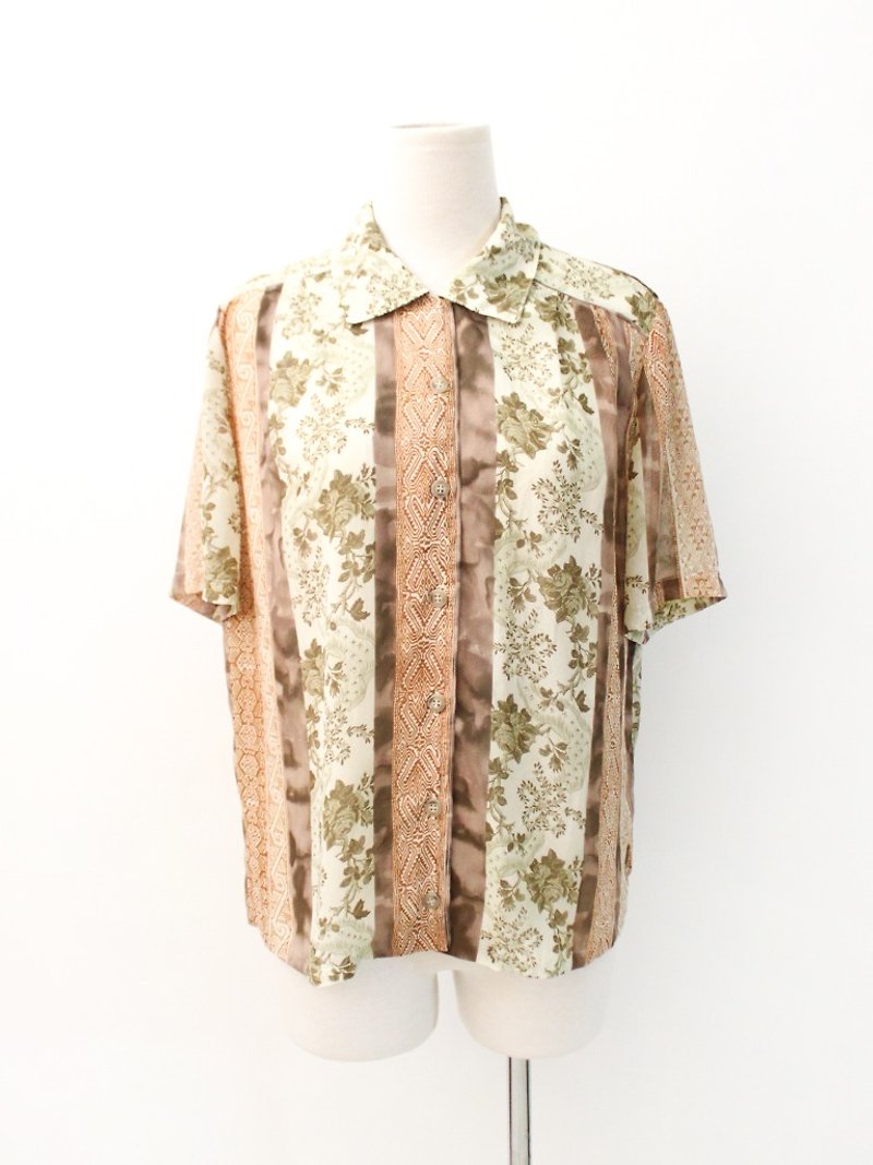 復古日本製大地色印花寬鬆短袖古著襯衫 Vintage Blouse - 恤衫 - 聚酯纖維 卡其色