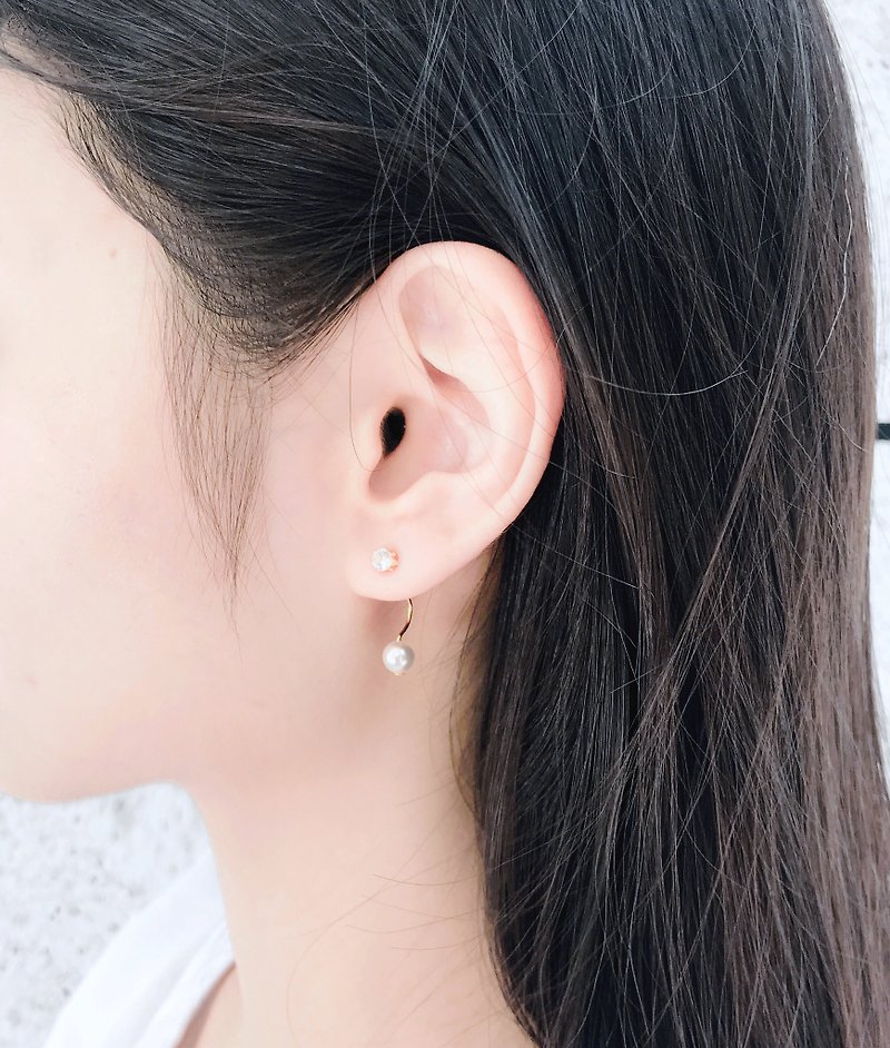Under the ear love 18K gold zircon pearl earrings can be changed - ต่างหู - โลหะ สีทอง