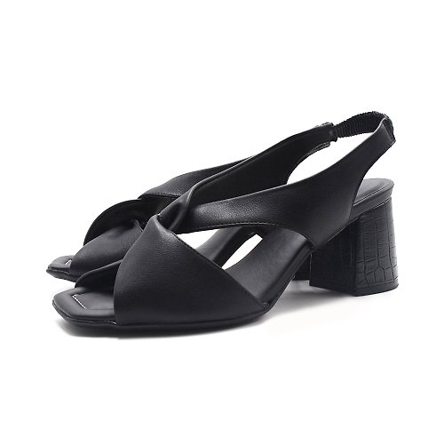 米蘭皮鞋Milano WALKING ZONE(女)Nappa皮革扭結粗跟涼鞋 女鞋-黑色