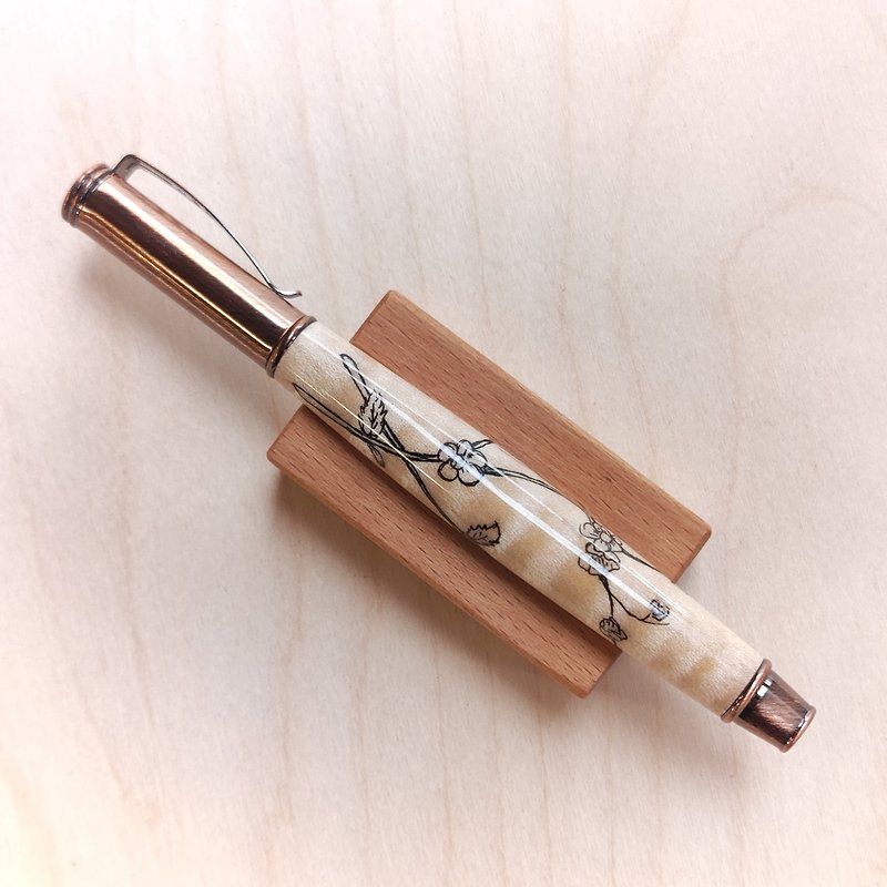 In stock - German SCHMIDT pull-out wood ballpoint pen / maple - hand-painted plum blossom style - Rollerball Pens - Wood Khaki