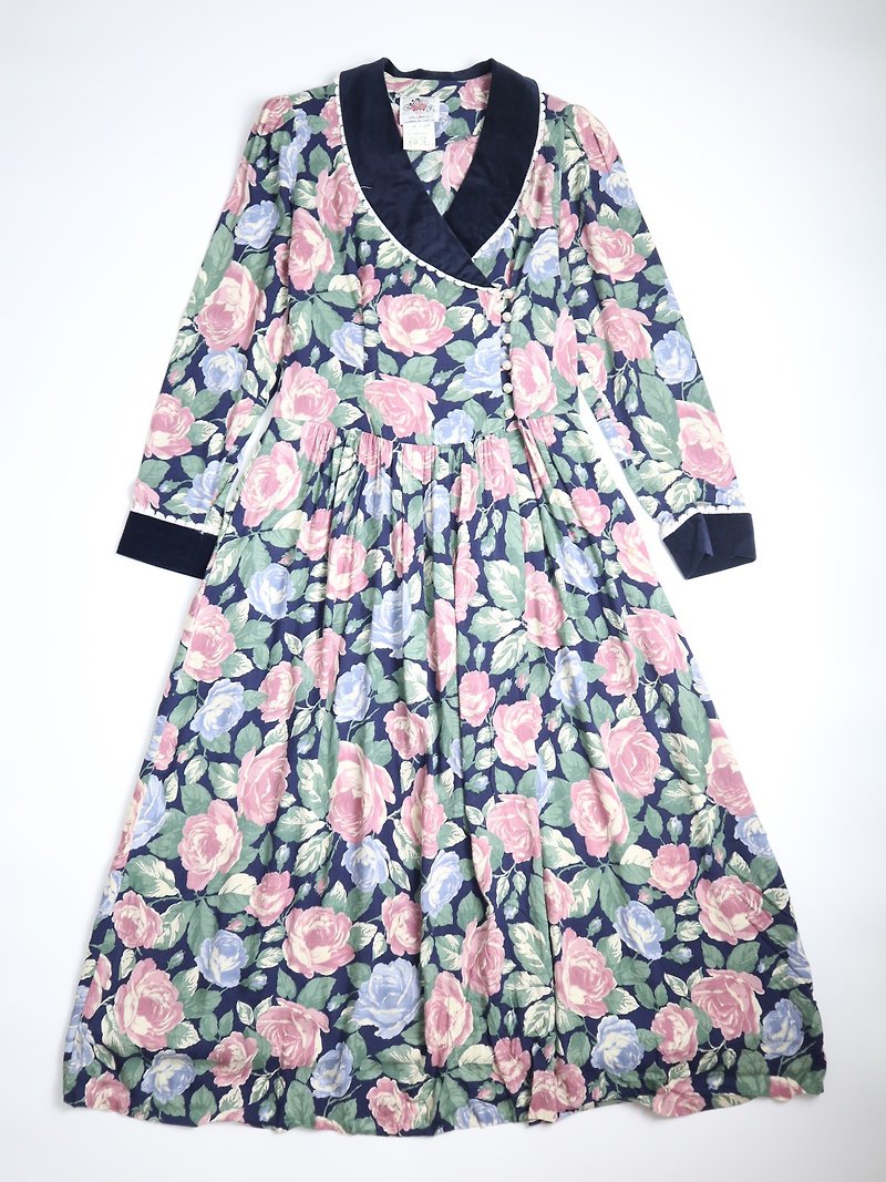 フジバード80年代アメリカンメイドアンティークドレス、クラシカルローズフラワートーテムドレス、ヴィンテージドレス - ワンピース - その他の化学繊維 