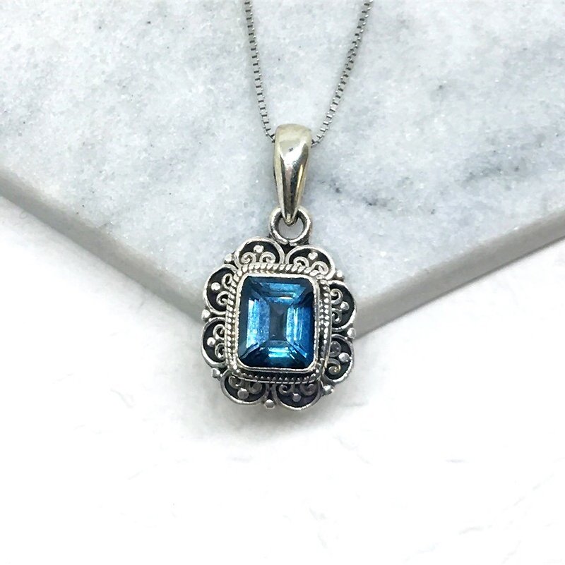 London Blue Topaz 925 Sterling Silver Elegant Lace Necklace Nepal Handmade Mosaic (Style 2) - Necklaces - Gemstone Blue