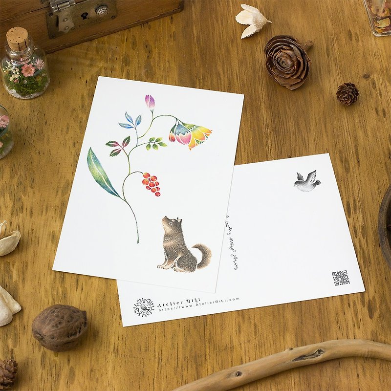 4 pieces set. Like a picture book. Postcard "Dog and flowers and leaves" PC-329 - การ์ด/โปสการ์ด - กระดาษ สีดำ