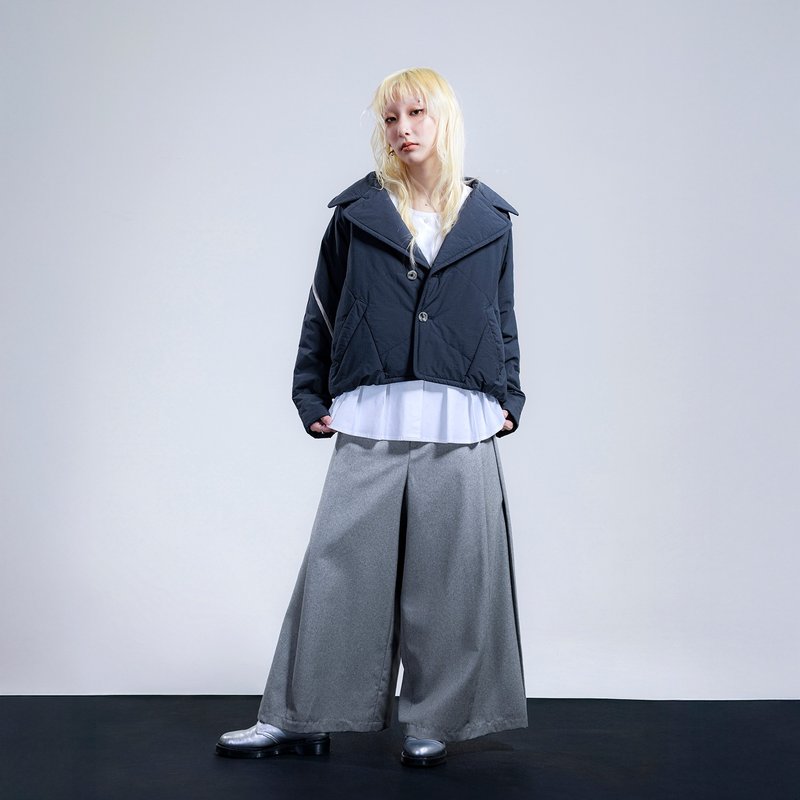 [Artisan's Choice] Quilted Collar Cropped Jacket - เสื้อแจ็คเก็ต - โลหะ สีน้ำเงิน