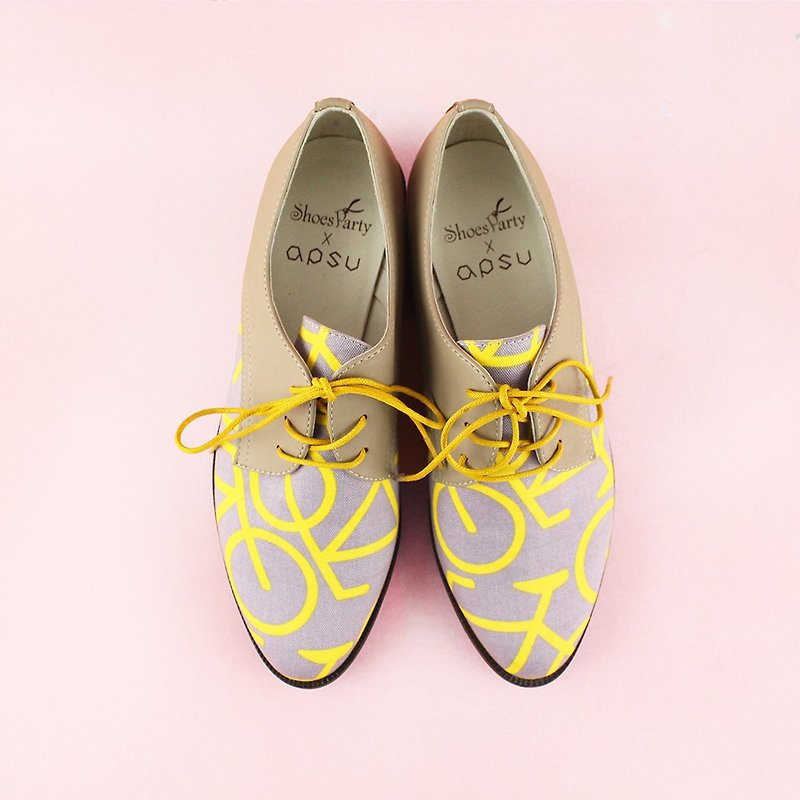 【Order Handmade】Bike Yellow Derby Shoes_Women's Shoes_Japanese Fabric - Women's Leather Shoes - Cotton & Hemp Gray