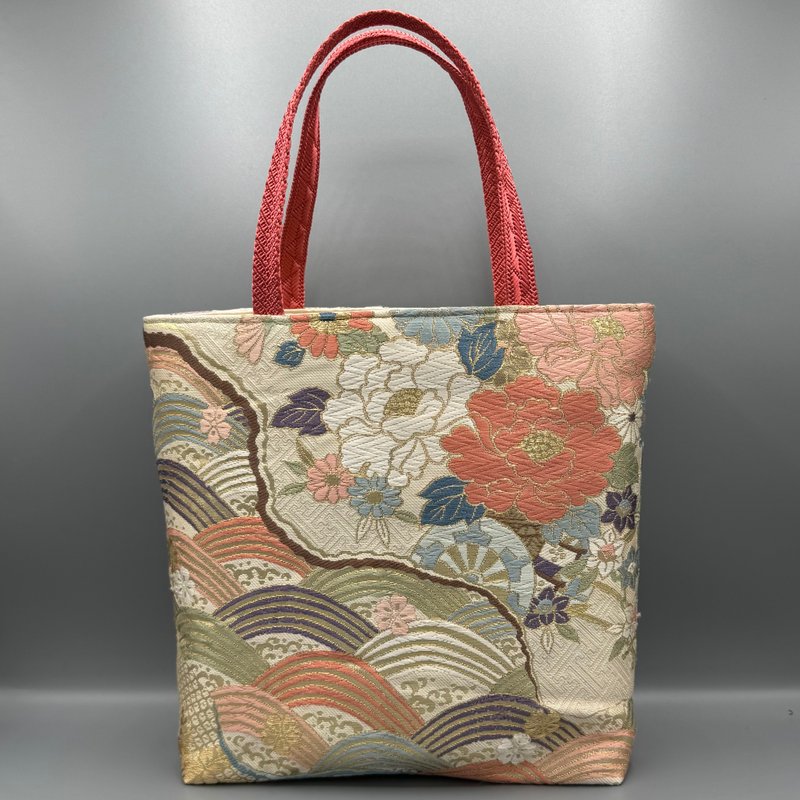 着物 帯 帯締め ハンドメイド トートバッグ リメイク ピンク 花 - 手提包/手提袋 - 絲．絹 粉紅色
