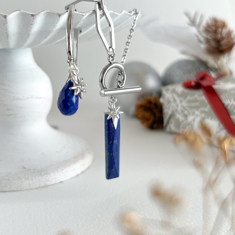 December birthstone lapis lazuli necklace and ear cuff holiday set - สร้อยคอ - เครื่องประดับพลอย สีน้ำเงิน