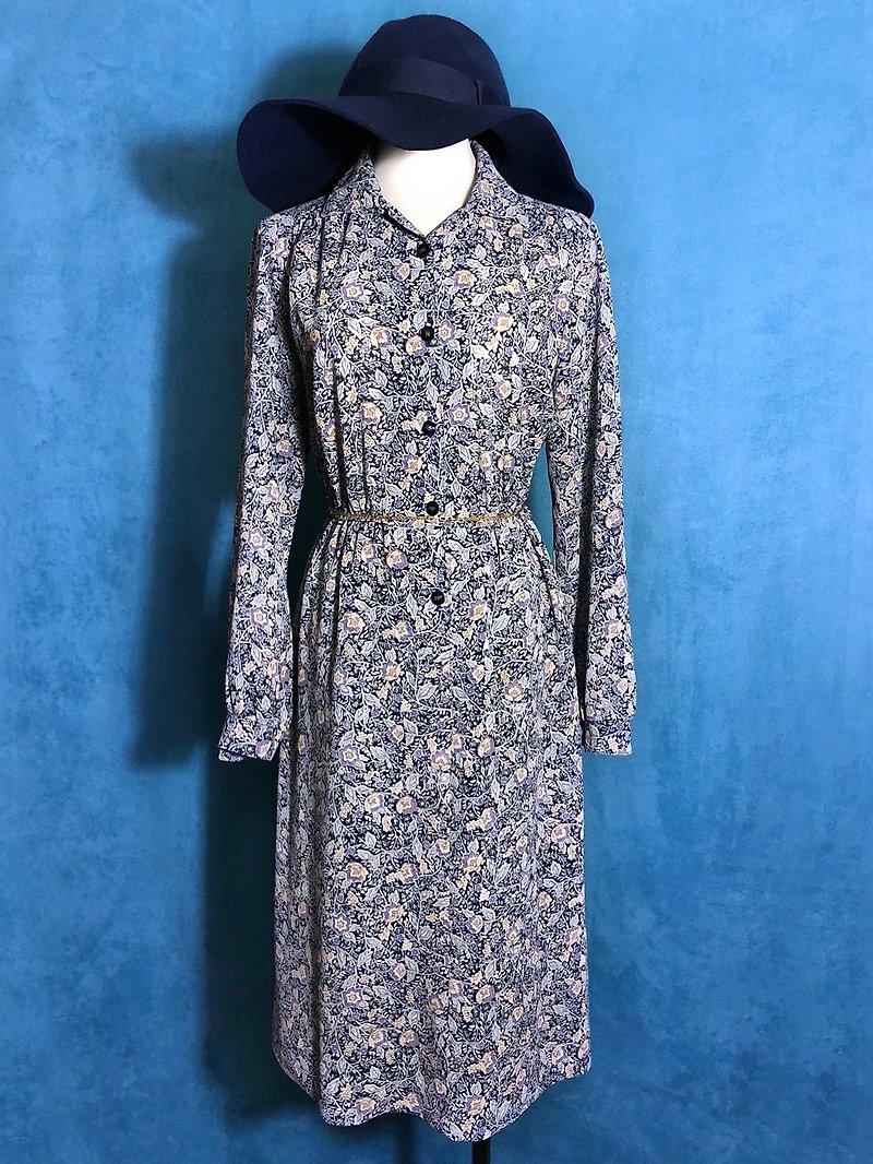 Flower long-sleeved vintage dress / brought back to VINTAGE abroad - ชุดเดรส - เส้นใยสังเคราะห์ หลากหลายสี