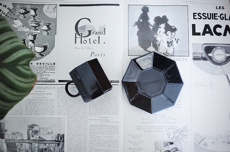 Rare old French texture black octagonal antique coffee cup plate set - แก้วมัค/แก้วกาแฟ - เครื่องลายคราม 