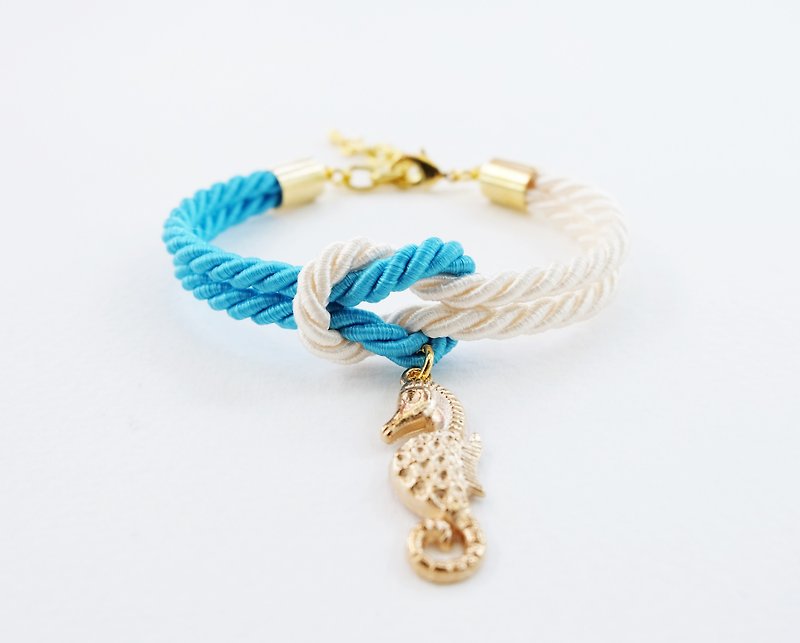Blue and cream knot bracelet with seahorse charm - Bracelets - Other Materials Blue