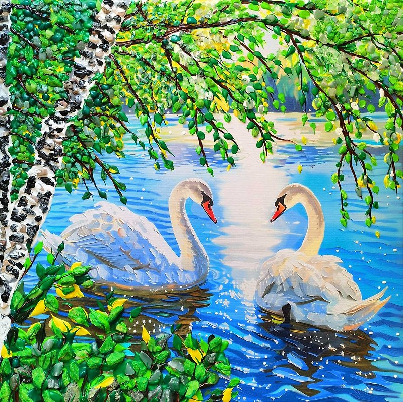 Two beautiful white swans in love on summer lake (pond) original gemstones art - Wall Décor - Other Materials Multicolor
