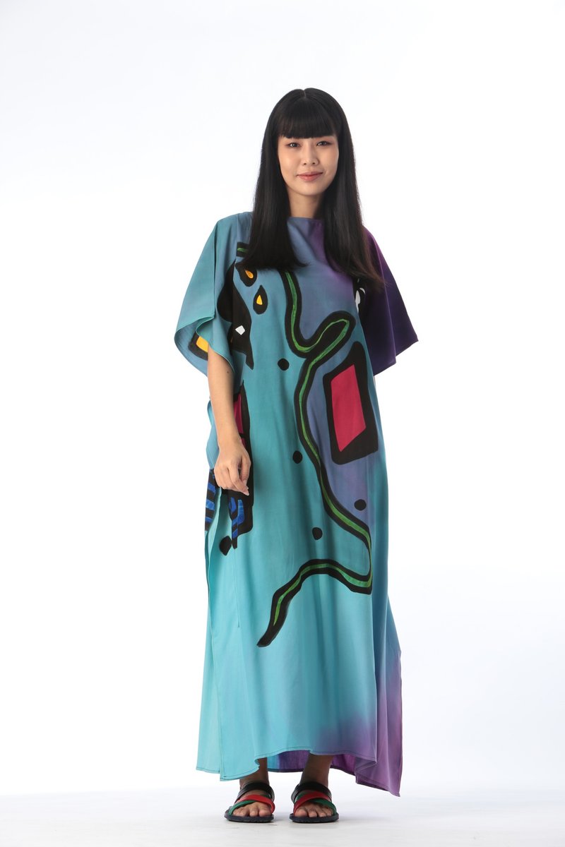 Hand Painted Cotton Silk Kaftan for Summer Resort Vacation F - 洋裝/連身裙 - 棉．麻 藍色