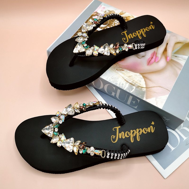 Jeweled Flip Flops Bling Flip Flops Black Rhinestone Sandals Beach Sandals - 拖鞋 - 其他材質 黑色