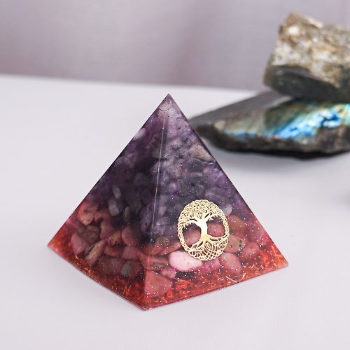 Vigor Handcrafts 【紫晶、薔薇石】奧根水晶能量金字塔Orgonite 6x6cm