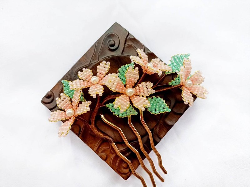 Orange-Pink Peach Blossom Beaded Hair Comb and Hairpin Accessories - Other - Other Materials Pink