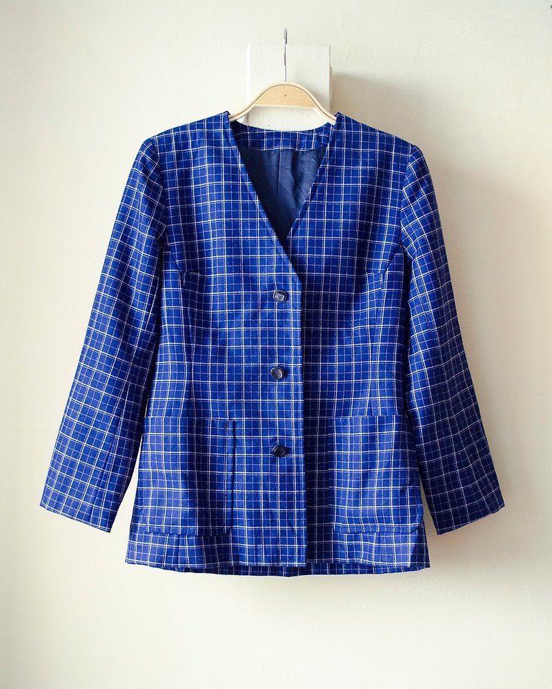 Miss Po blue. Retro fine pattern Japanese V-neck jacket / suit coat # Vintage # Vintage # Wan Er - เสื้อสูท/เสื้อคลุมยาว - ผ้าฝ้าย/ผ้าลินิน 