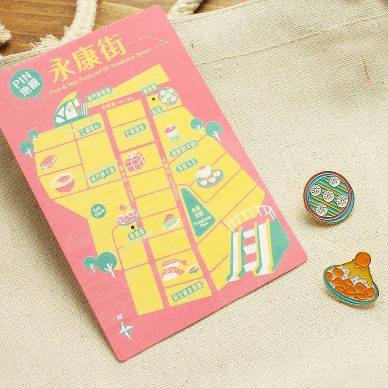 PIN Map – Yongkang Street Badges + Postcards Set - Badges & Pins - Copper & Brass Multicolor