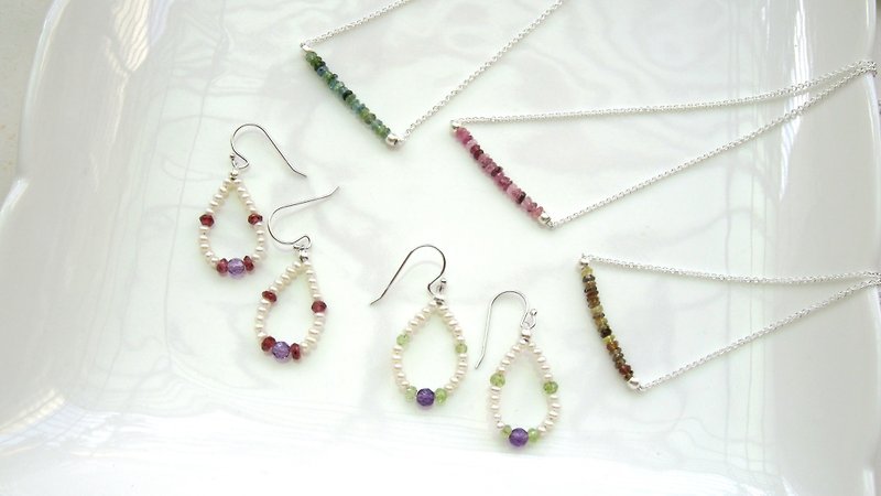 onion-bulb hand-made natural stone series -1 + 1 simple necklace + pearl earrings "eternal" - tourmaline + garnet + olivine + amethyst + pearl - สร้อยคอ - เครื่องเพชรพลอย หลากหลายสี