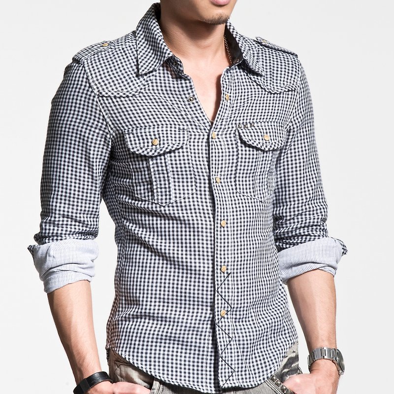 40 combed cotton double-layer cloth black and white small lattice pyramid stud long-sleeved shirt (inner layer is striped cloth) - เสื้อเชิ้ตผู้ชาย - ผ้าฝ้าย/ผ้าลินิน 