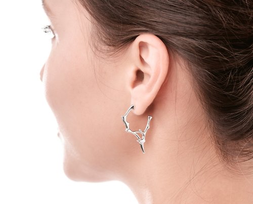 Majade Jewelry Design 鑽石925純銀圈型耳環 尖刺哥特流行耳環 分支刺形女巫樹枝型耳環