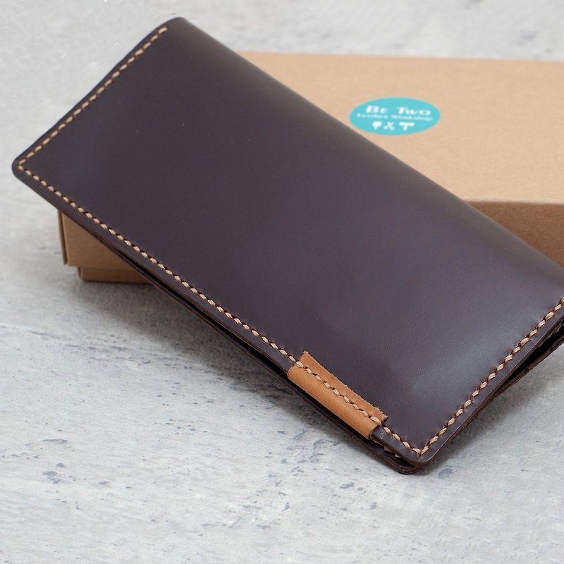 Be Two 扁 Flat long clip handmade leather card layer hand-stitched wallet leather sandwich deep coffee - Wallets - Genuine Leather Brown