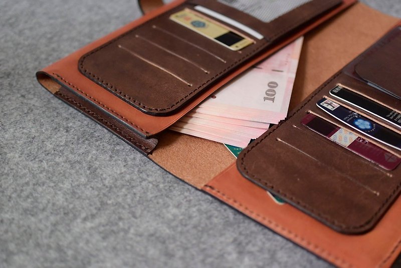 10+1 card leather long clip/large capacity banknote pocket dark wood leather + bright orange leather - กระเป๋าสตางค์ - หนังแท้ 