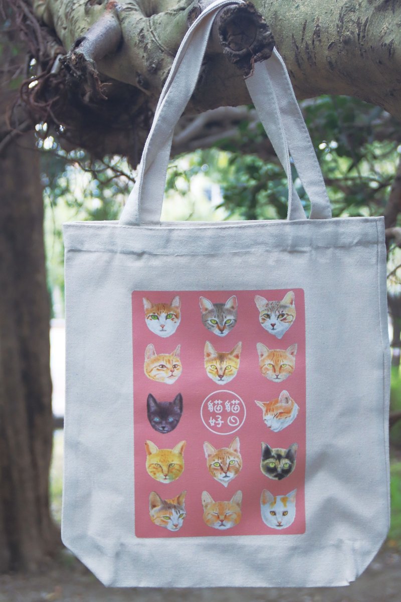 Cat Good Day Canvas Bag Red Plum Edition - กระเป๋าถือ - ผ้าฝ้าย/ผ้าลินิน 