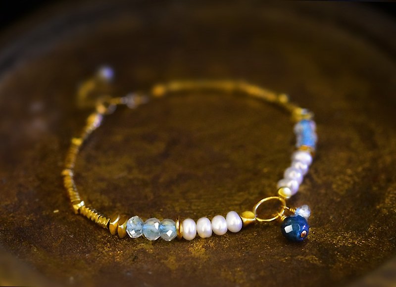 時光~天然藍托帕石 珍珠 藍晶石 18k純金銅 14kgf手鍊 - 手鍊/手鐲 - 半寶石 金色