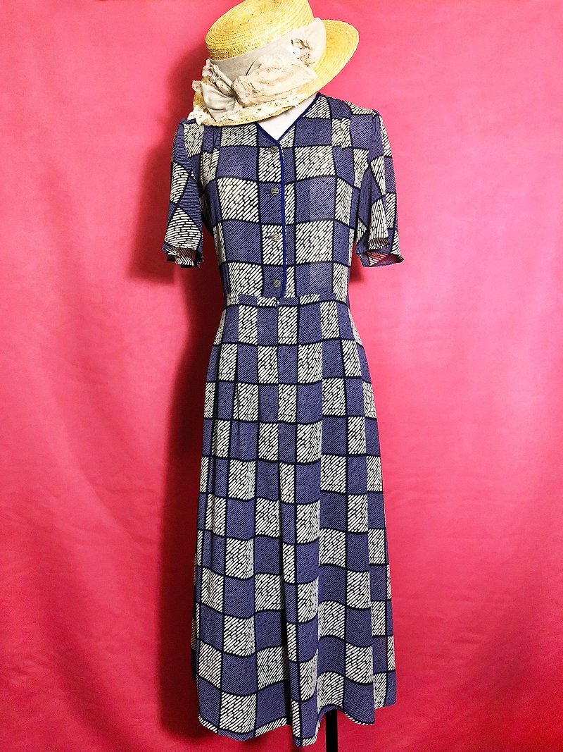 Checked edging chiffon short-sleeved vintage dress / brought back to VINTAGE abroad - One Piece Dresses - Polyester Blue