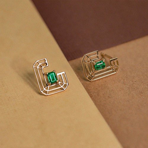 Purplemay Jewellery 純18K金簡約藝術風格祖母綠耳環耳釘 珠寶手工訂製 E073