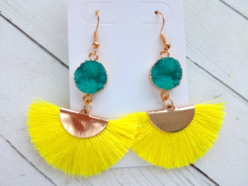 Silk fringe earrings Colorful bright earring Yellow silk tassel Fan tassel Druzy - Earrings & Clip-ons - Thread Yellow