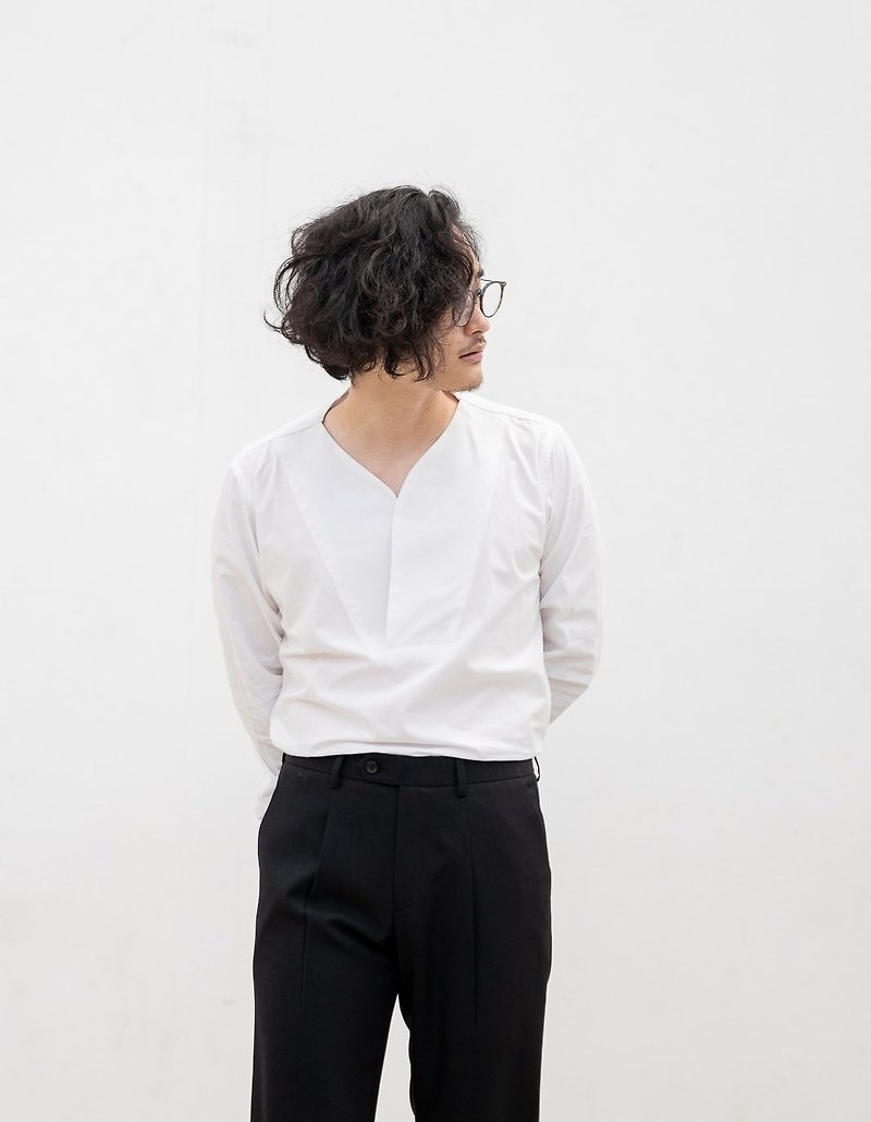White - Mason stand collar shirt - 男襯衫/休閒襯衫 - 棉．麻 白色