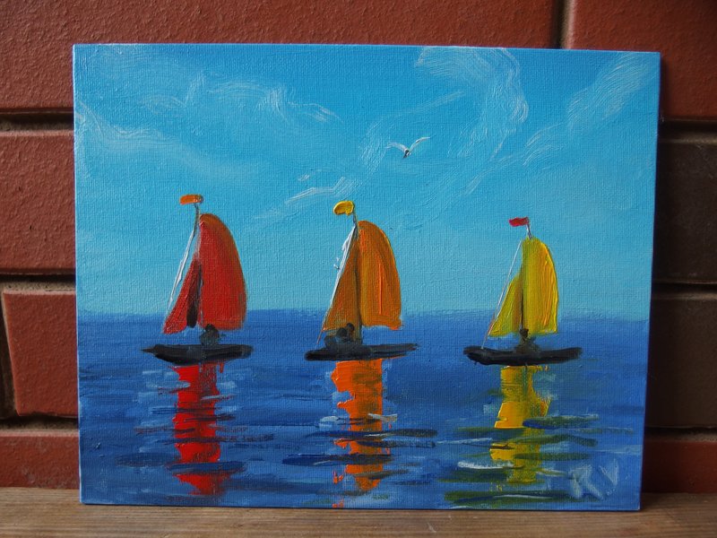 Three colorful sailboats at sea - original oil painting with palette knife - ตกแต่งผนัง - วัสดุอื่นๆ สีน้ำเงิน