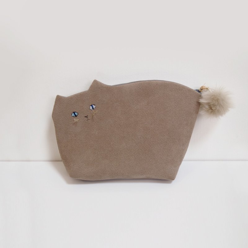 こねこポーチ005号ココアブラウンひげ付き (受注製作) - 化妝包/收納袋 - 聚酯纖維 卡其色